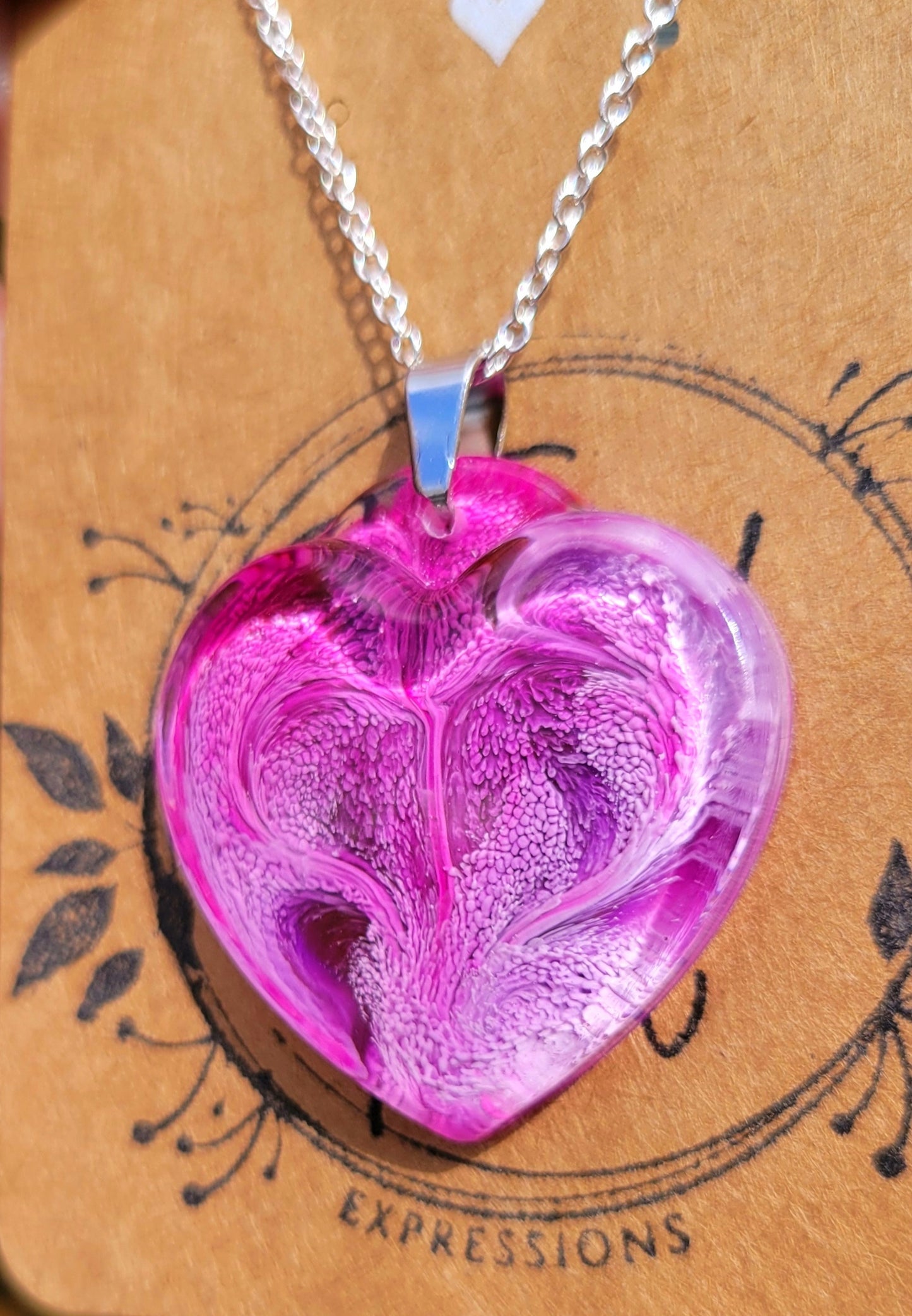 Handmade Resin Art Heart Pendant with Silver Plated Necklace.