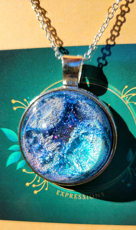 Handmade Resin Art Round Colorshifting Pendant with Silver Plated Necklace Chain