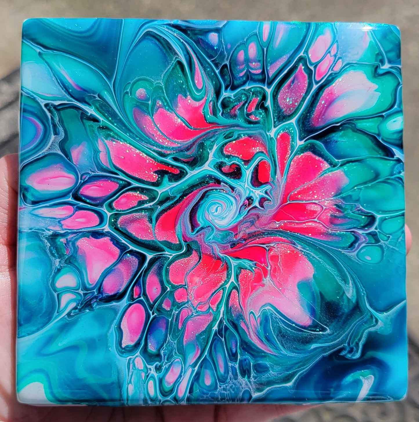 Fluid Art Bloom on a 4.25 inch Tile/Coaster with Cork Bottom