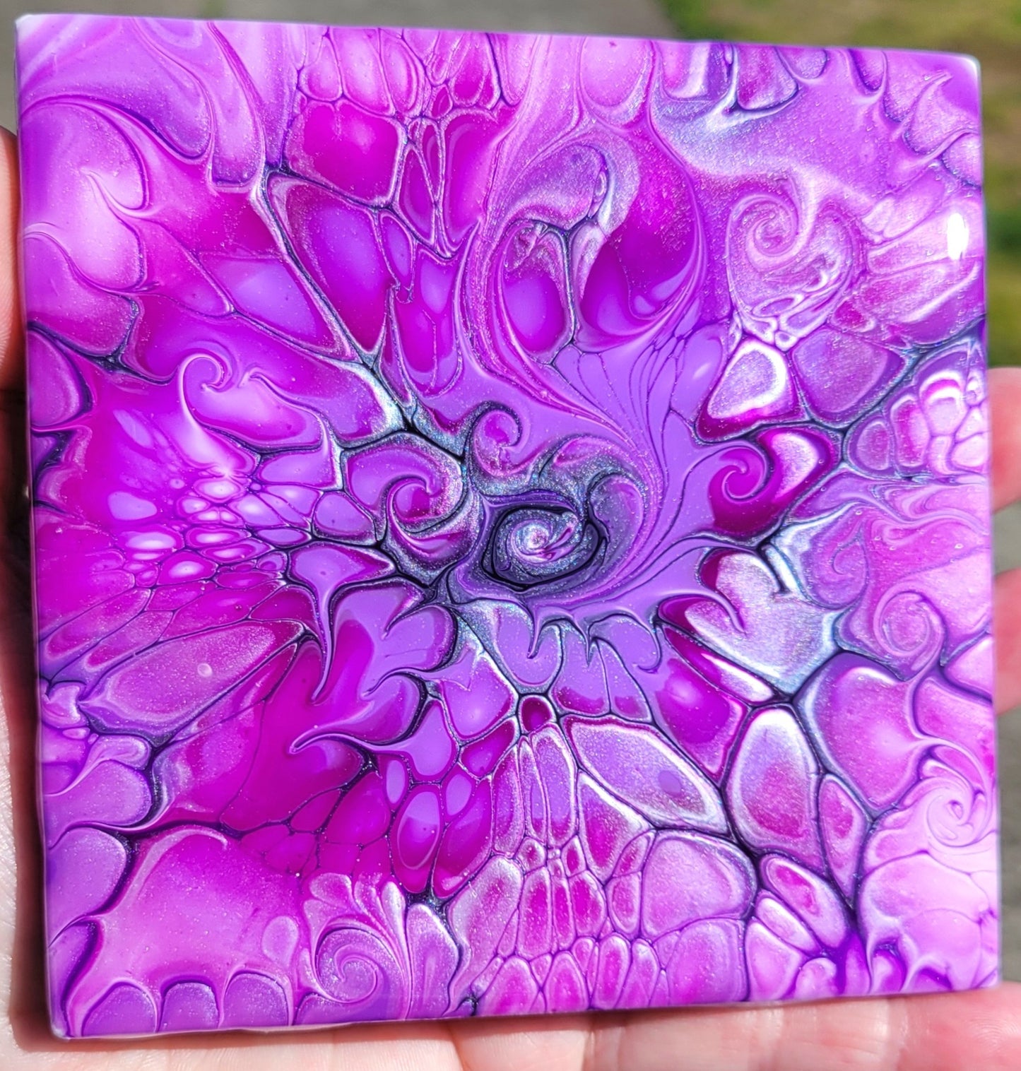 Fluid Art Bloom on a 4.25 inch Tile/Coaster with Cork Bottom