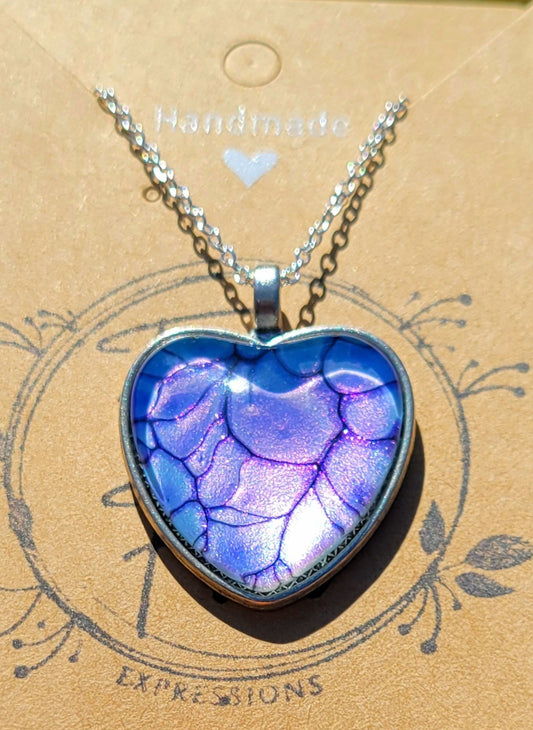 Handmade Fluid Art Colorshifting Heart Pendant with Silver Plated Necklace