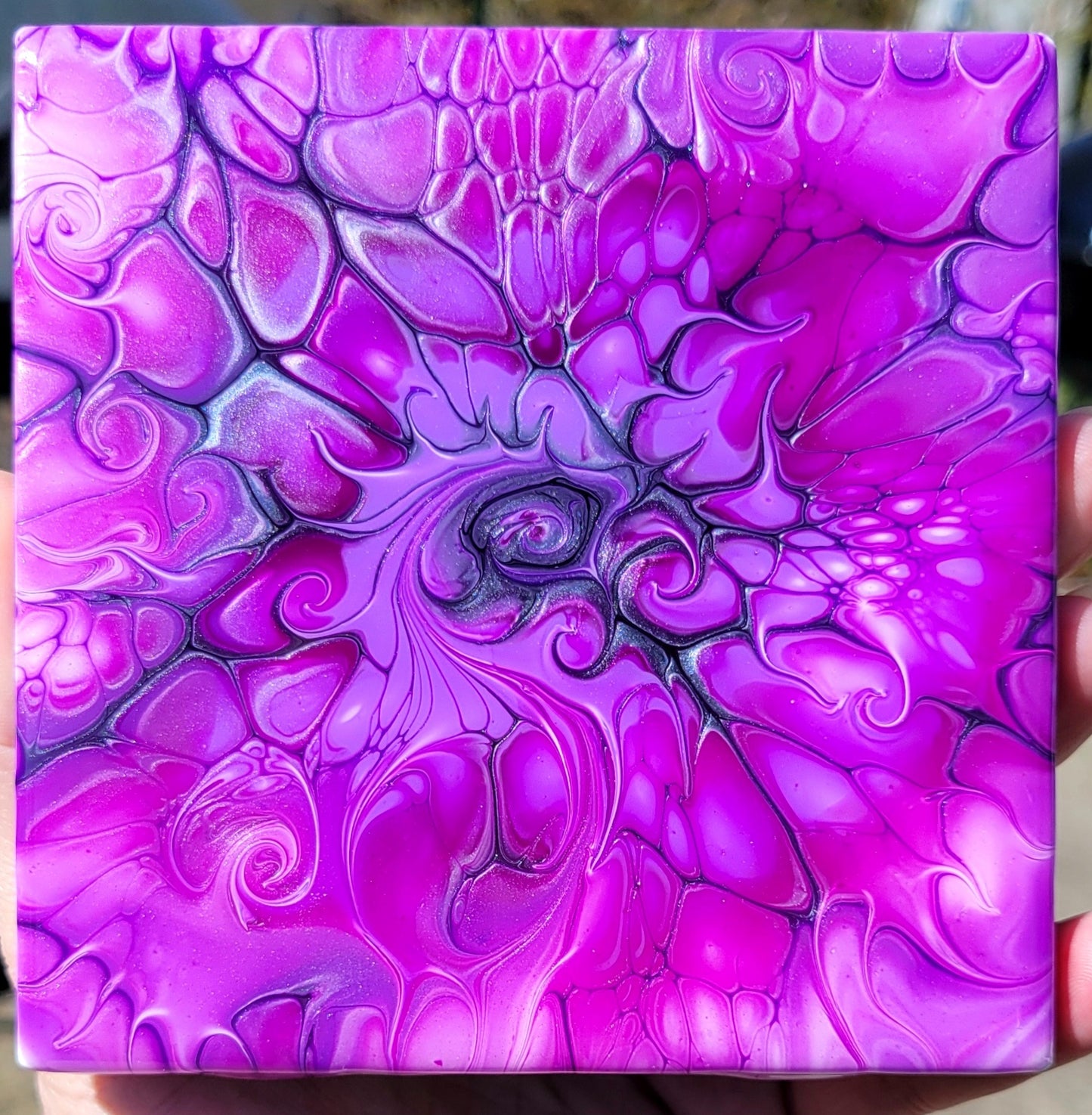 Fluid Art Bloom on a 4.25 inch Tile/Coaster with Cork Bottom