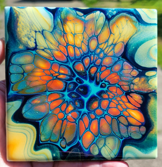 Fluid Art Bloom on a 4.25 inch Tile/Coaster with Cork Bottom