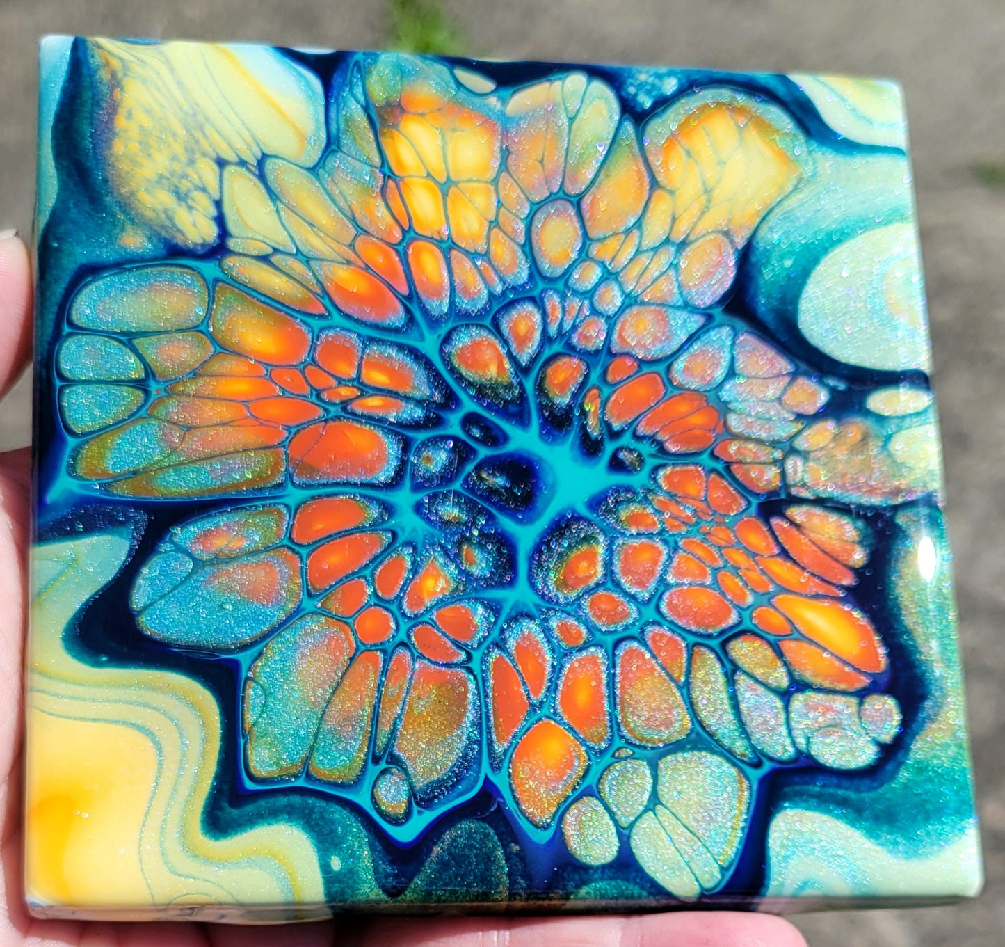 Fluid Art Bloom on a 4.25 inch Tile/Coaster with Cork Bottom