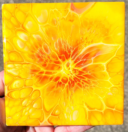 Fluid Art Bloom on a 4.25 inch Tile/Coaster with Cork Bottom