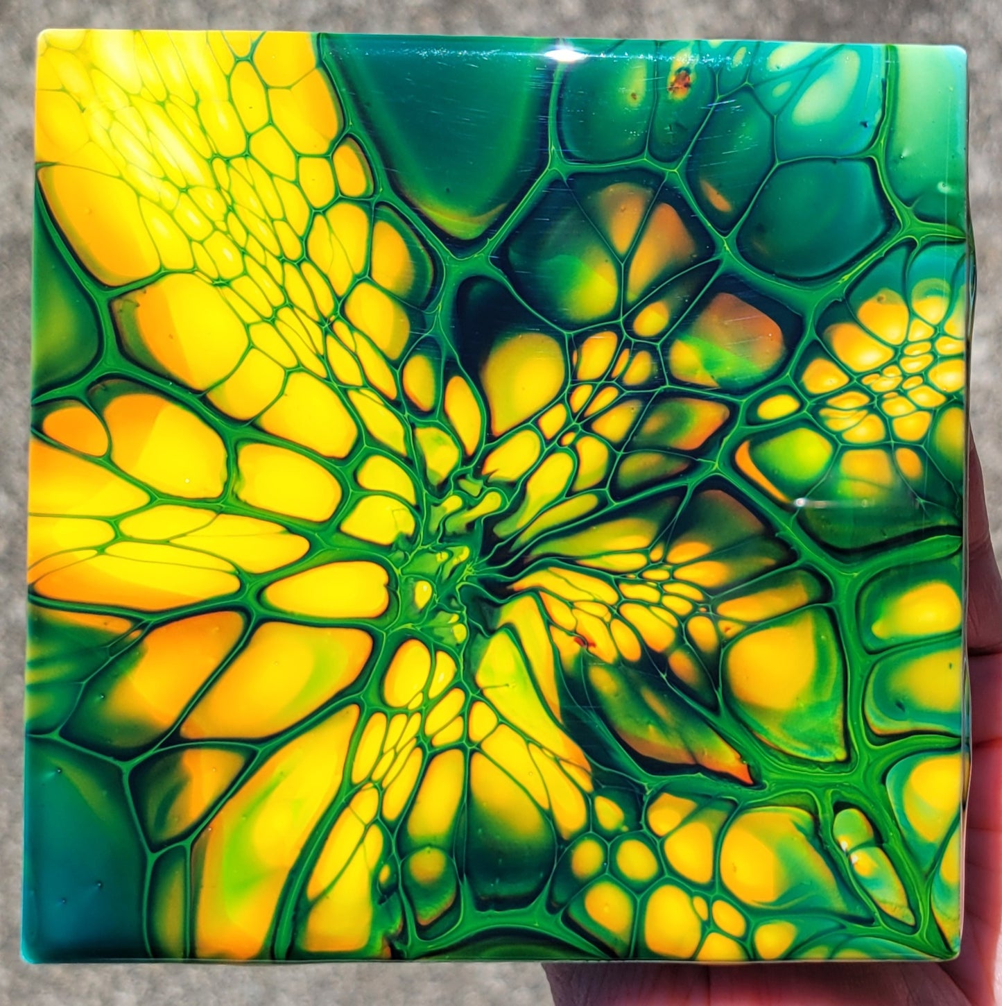 Fluid Art Bloom on a 4.25 inch Tile/Coaster with Cork Bottom