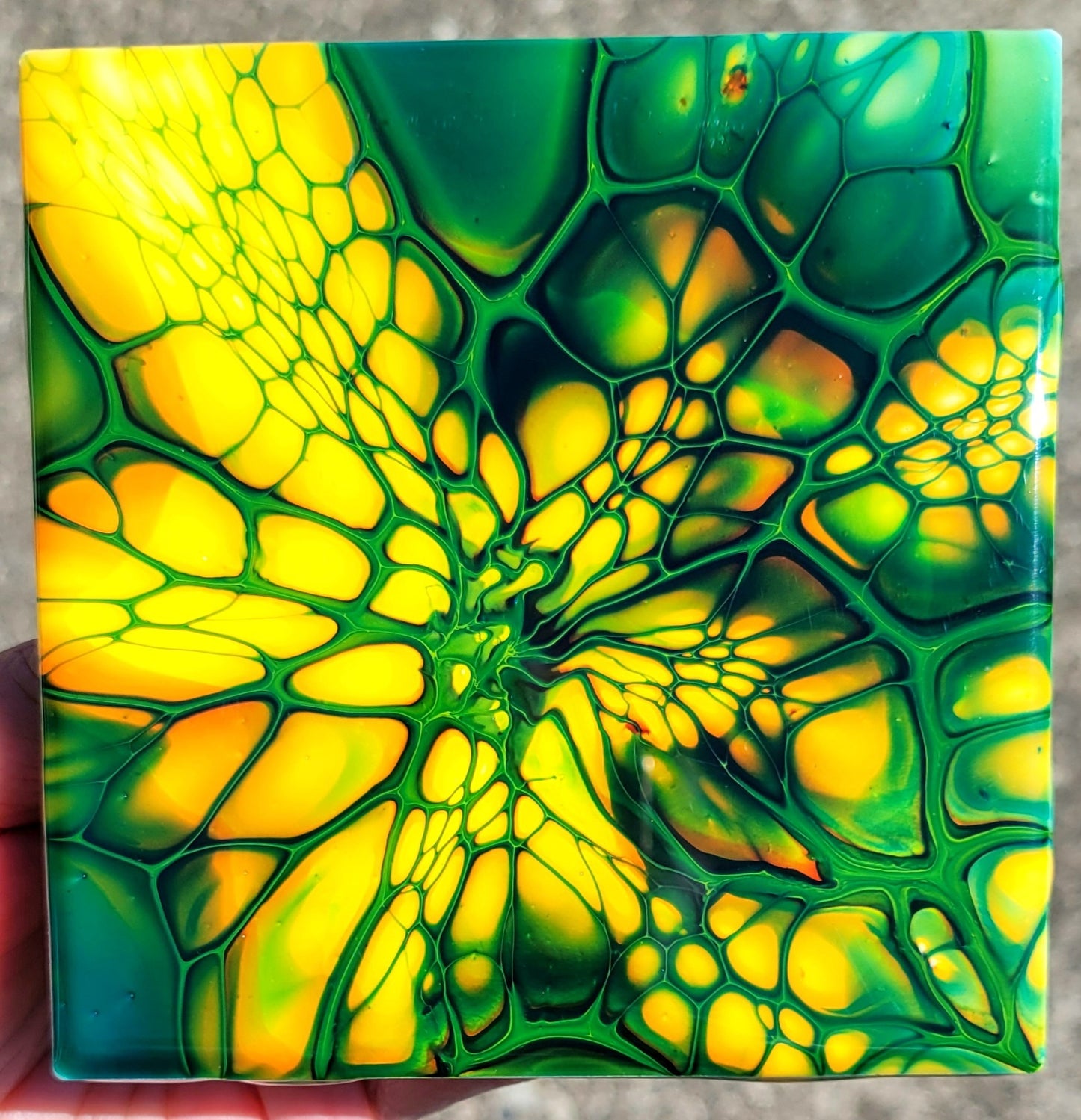 Fluid Art Bloom on a 4.25 inch Tile/Coaster with Cork Bottom