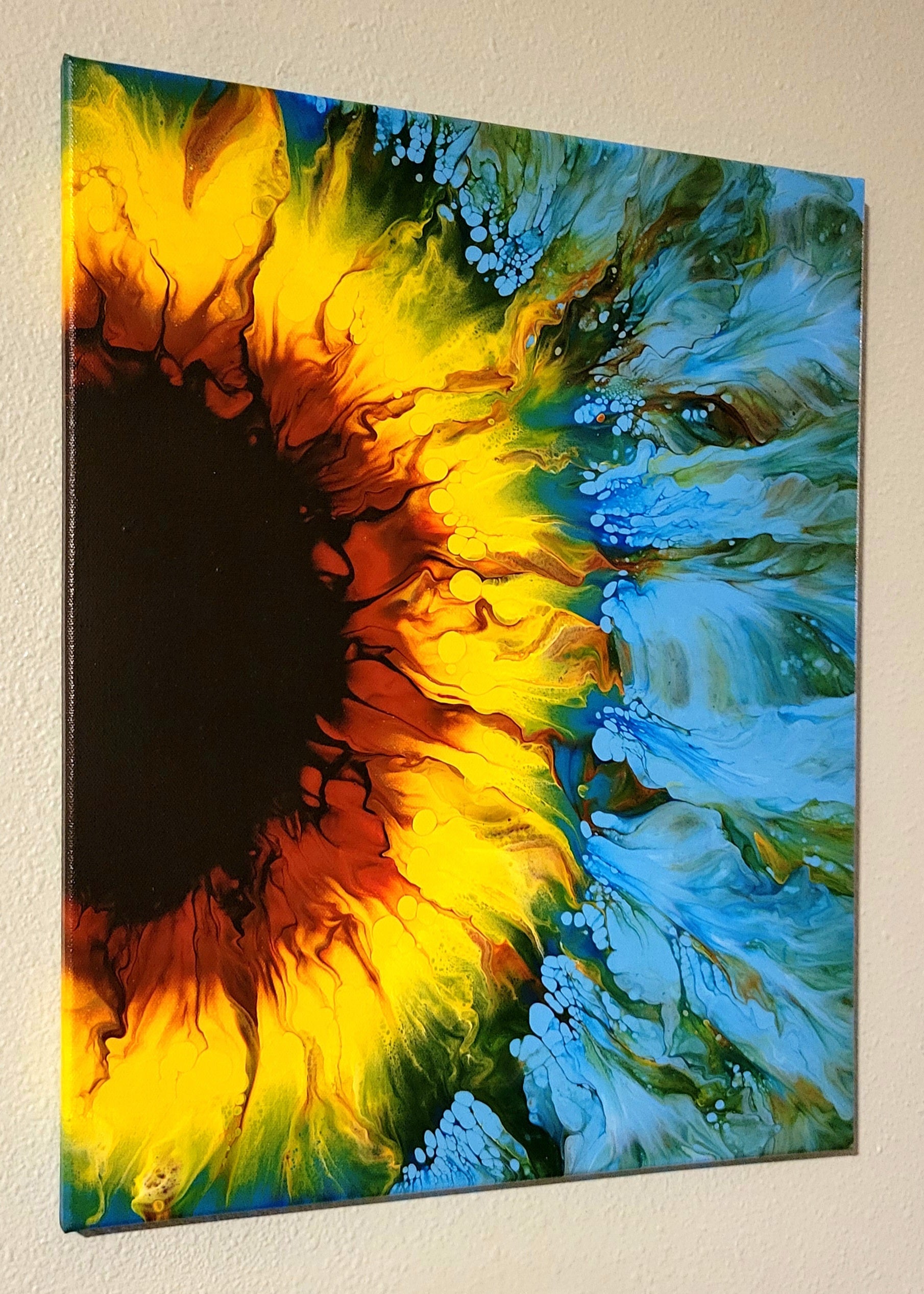 Original Fluid Art Sunflower Painting 16x20 inch – Fluid Flow Expressions