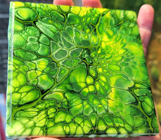 Fluid Art Bloom on a 4.25 inch Tile/Coaster with Cork Bottom