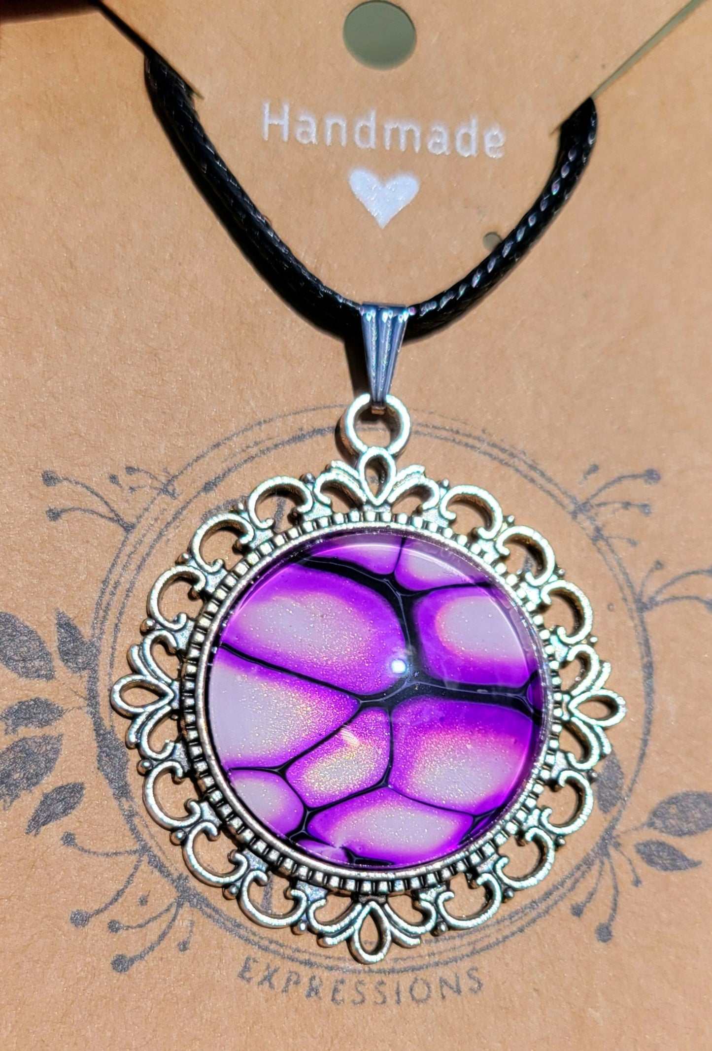 Handmade Fluid Art Colorshifting Decorative Pendant on a Braided Wax Leather Rope Necklace