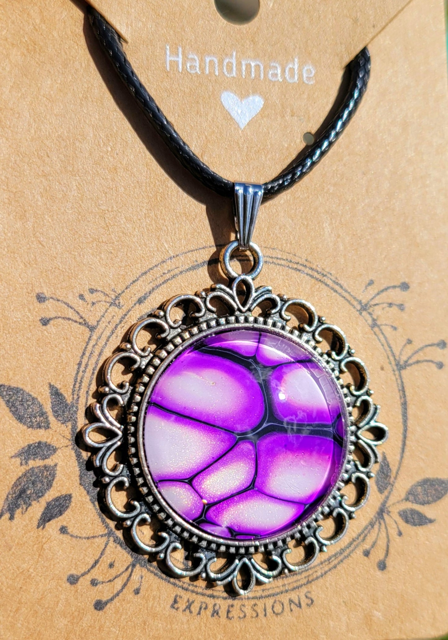 Handmade Fluid Art Colorshifting Decorative Pendant on a Braided Wax Leather Rope Necklace