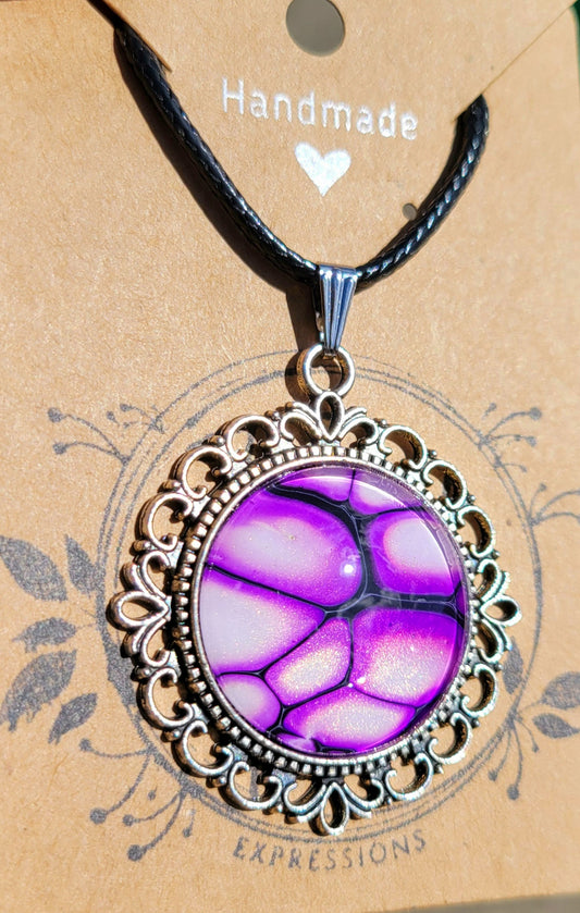 Handmade Fluid Art Colorshifting Decorative Pendant on a Braided Wax Leather Rope Necklace