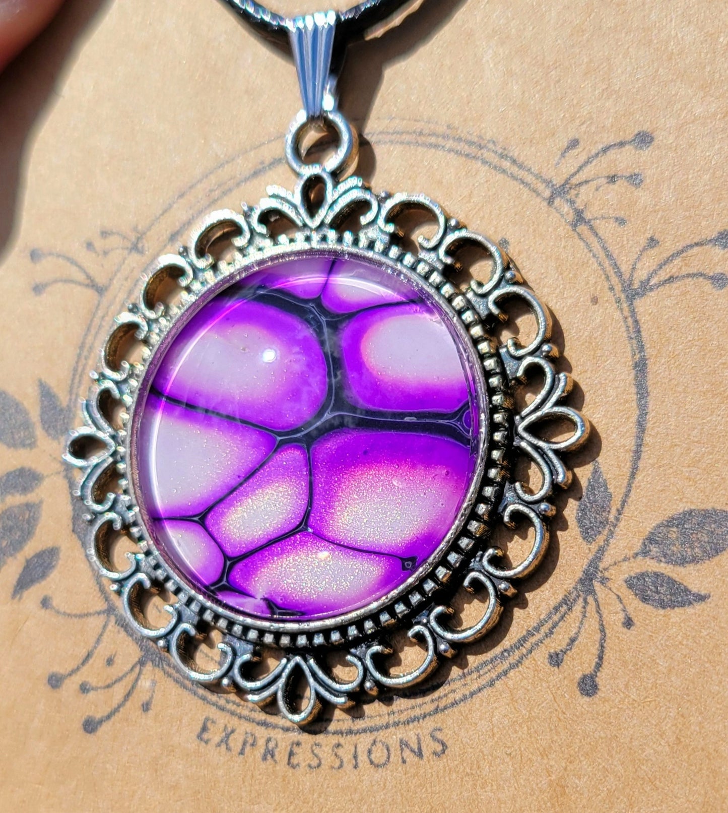 Handmade Fluid Art Colorshifting Decorative Pendant on a Braided Wax Leather Rope Necklace