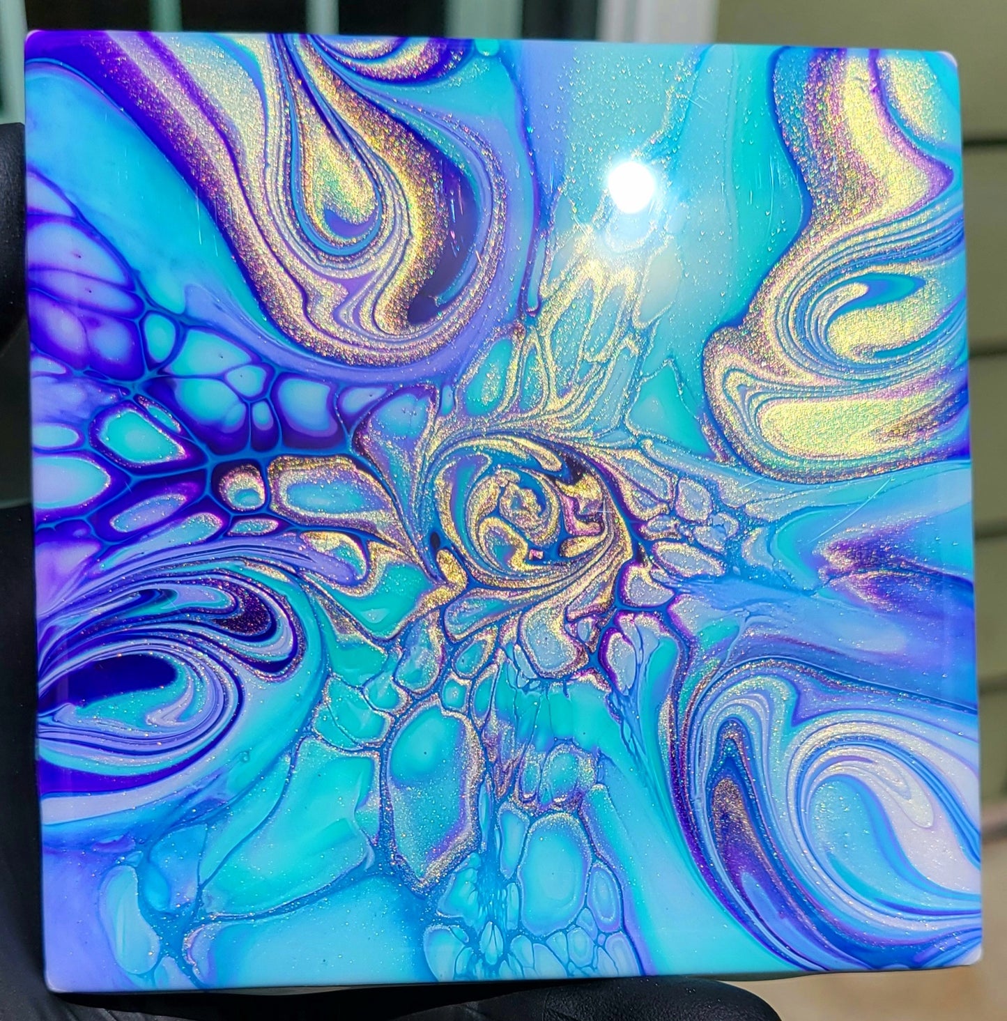 Fluid Art Bloom on a 4.25 inch Tile/Coaster with Cork Bottom