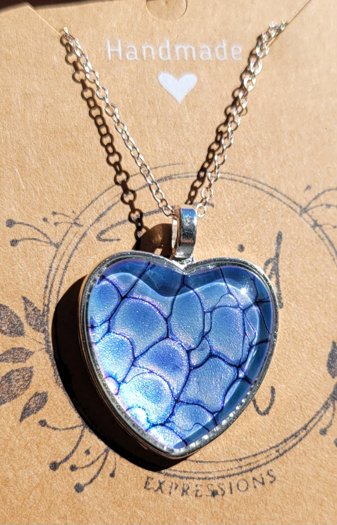 Handmade Fluid Art Colorshifting Heart Pendant with Silver Plated Necklace