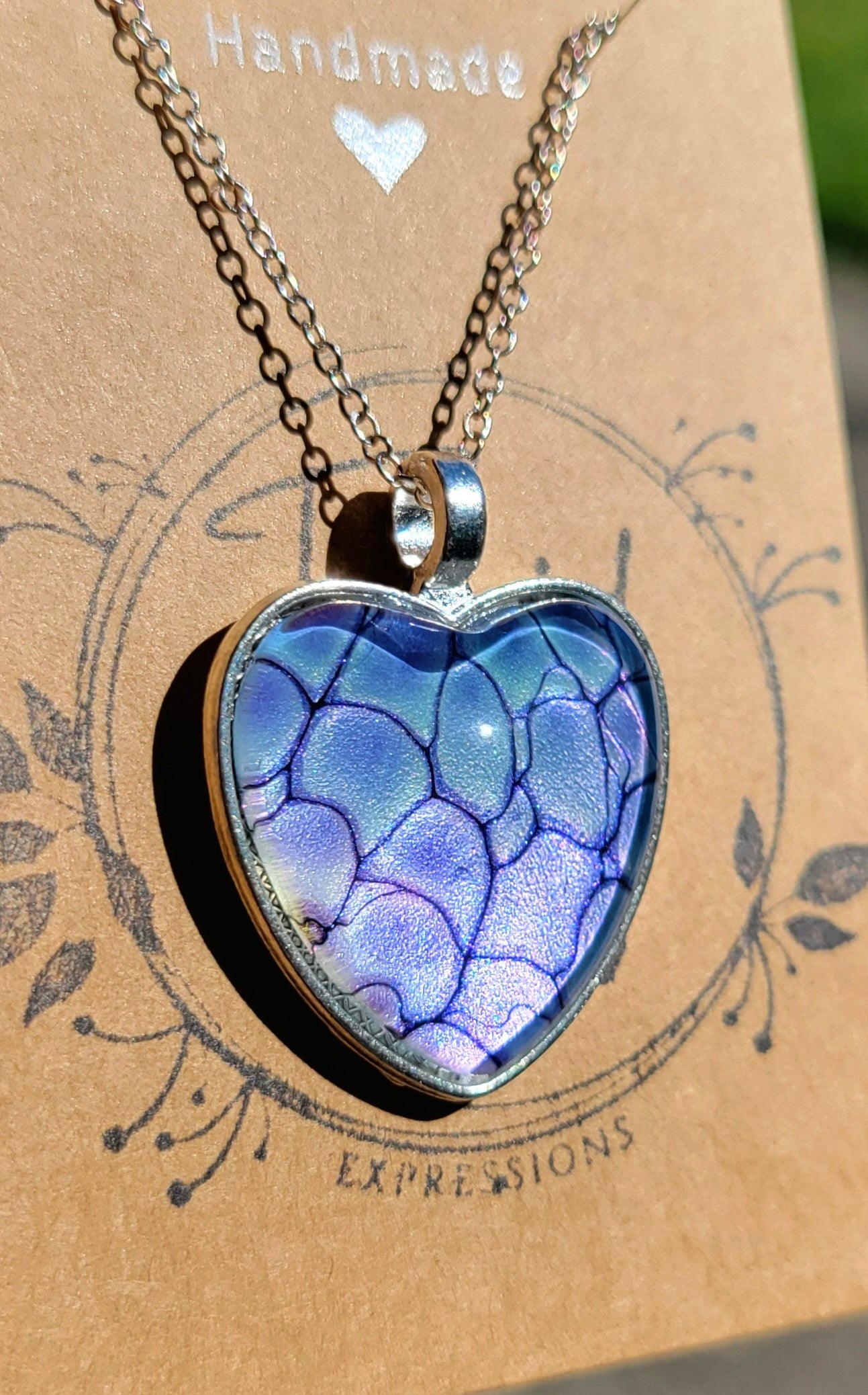 Handmade Fluid Art Colorshifting Heart Pendant with Silver Plated Necklace