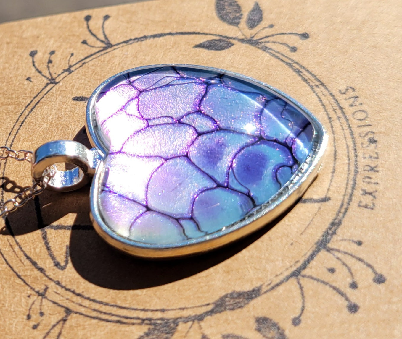 Handmade Fluid Art Colorshifting Heart Pendant with Silver Plated Necklace