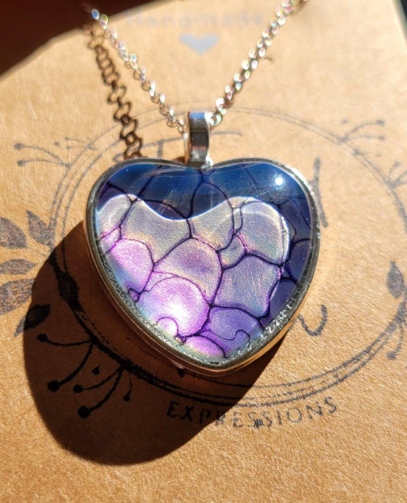 Handmade Fluid Art Colorshifting Heart Pendant with Silver Plated Necklace