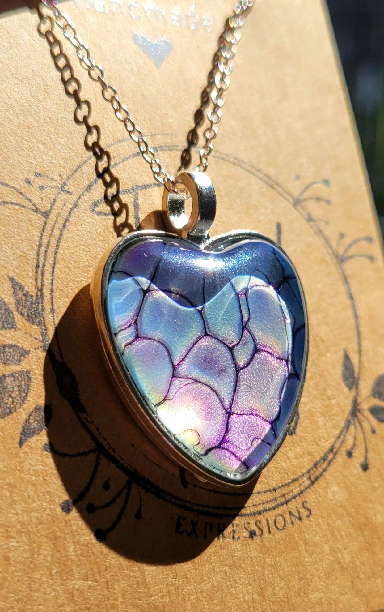 Handmade Fluid Art Colorshifting Heart Pendant with Silver Plated Necklace