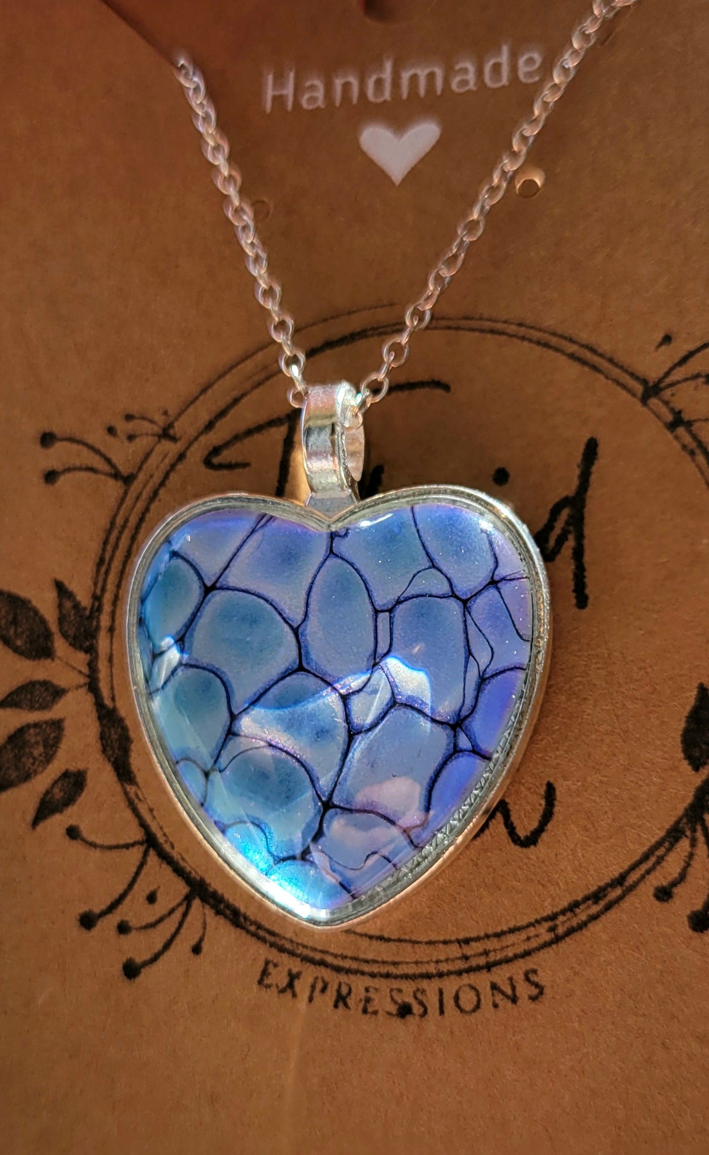 Handmade Fluid Art Colorshifting Heart Pendant with Silver Plated Necklace