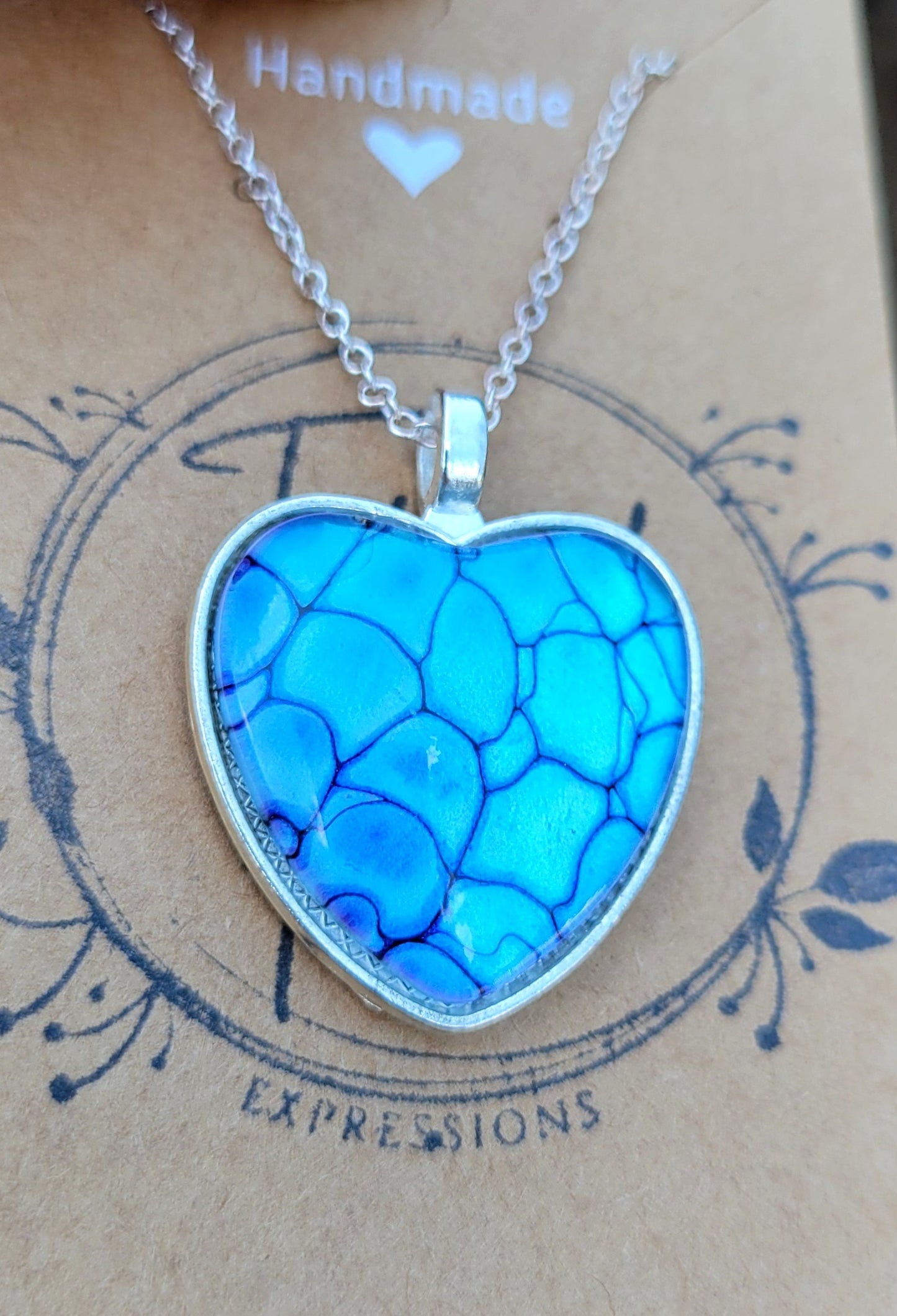 Handmade Fluid Art Colorshifting Heart Pendant with Silver Plated Necklace