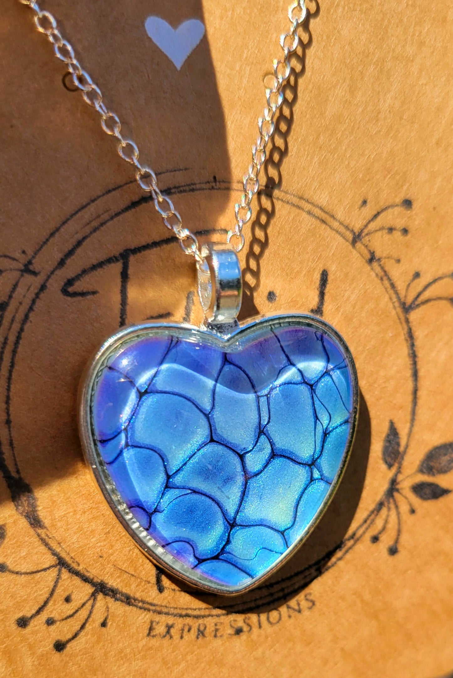 Handmade Fluid Art Colorshifting Heart Pendant with Silver Plated Necklace