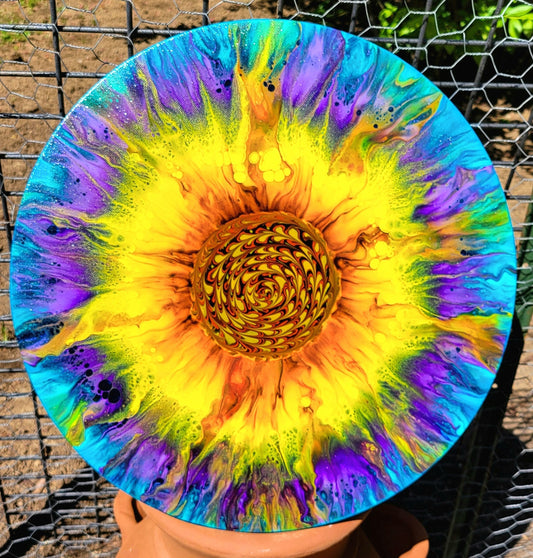 Original Fluid Art Sunflower on a 16 inch Round Canvas
