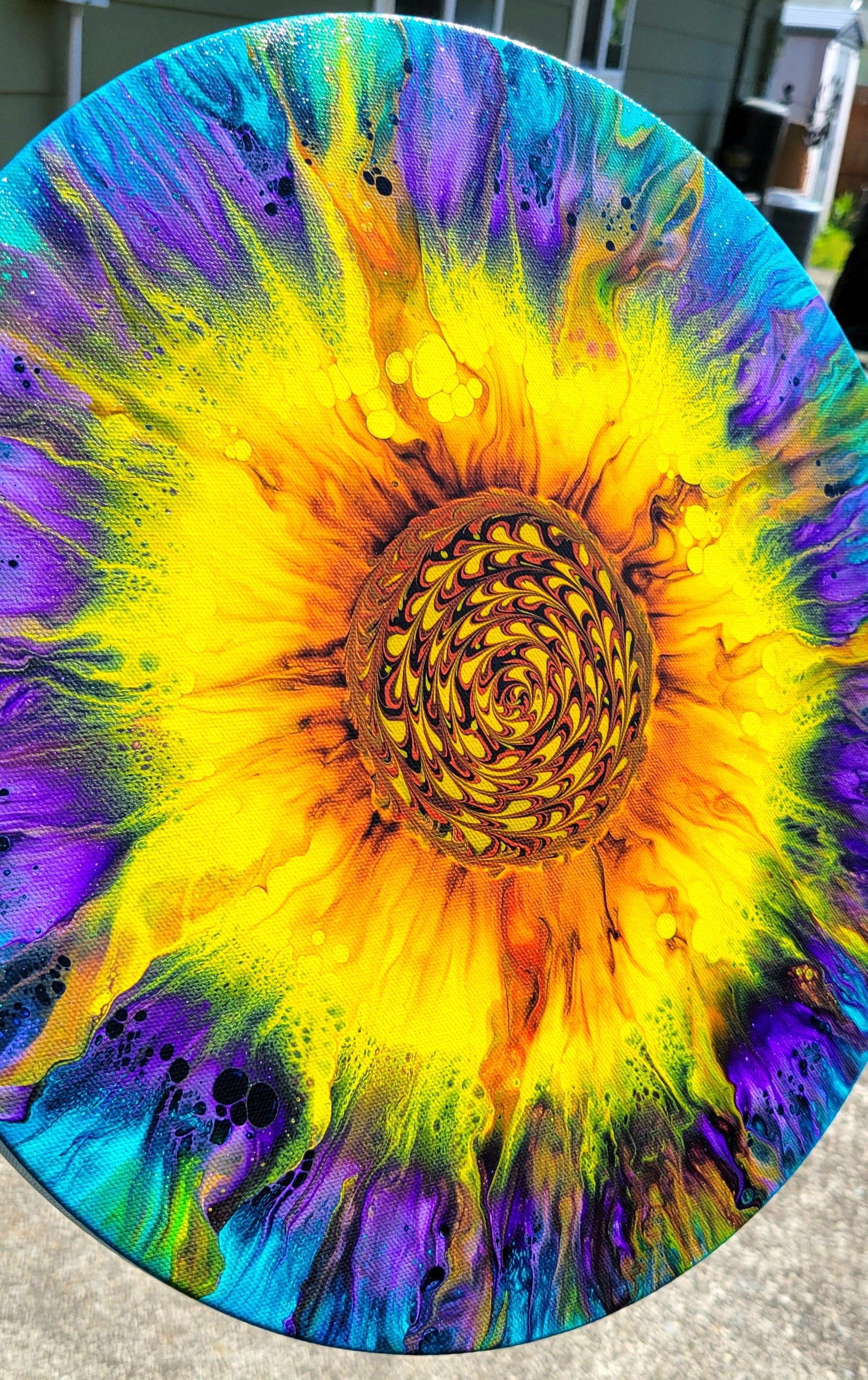 Original Fluid Art Sunflower on a 16 inch Round Canvas