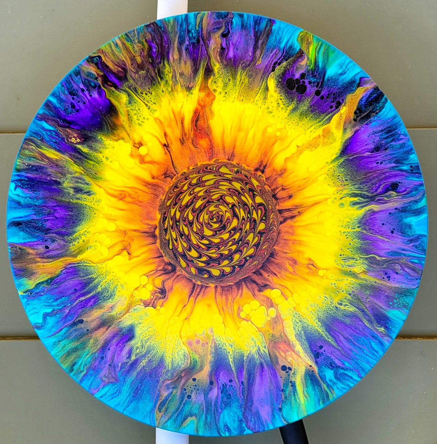 Original Fluid Art Sunflower on a 16 inch Round Canvas