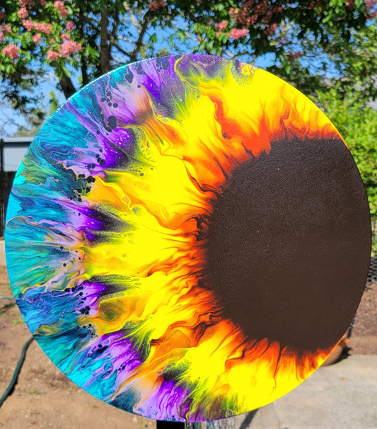 Original Fluid Art Sunflower on a 16 inch Round Canvas