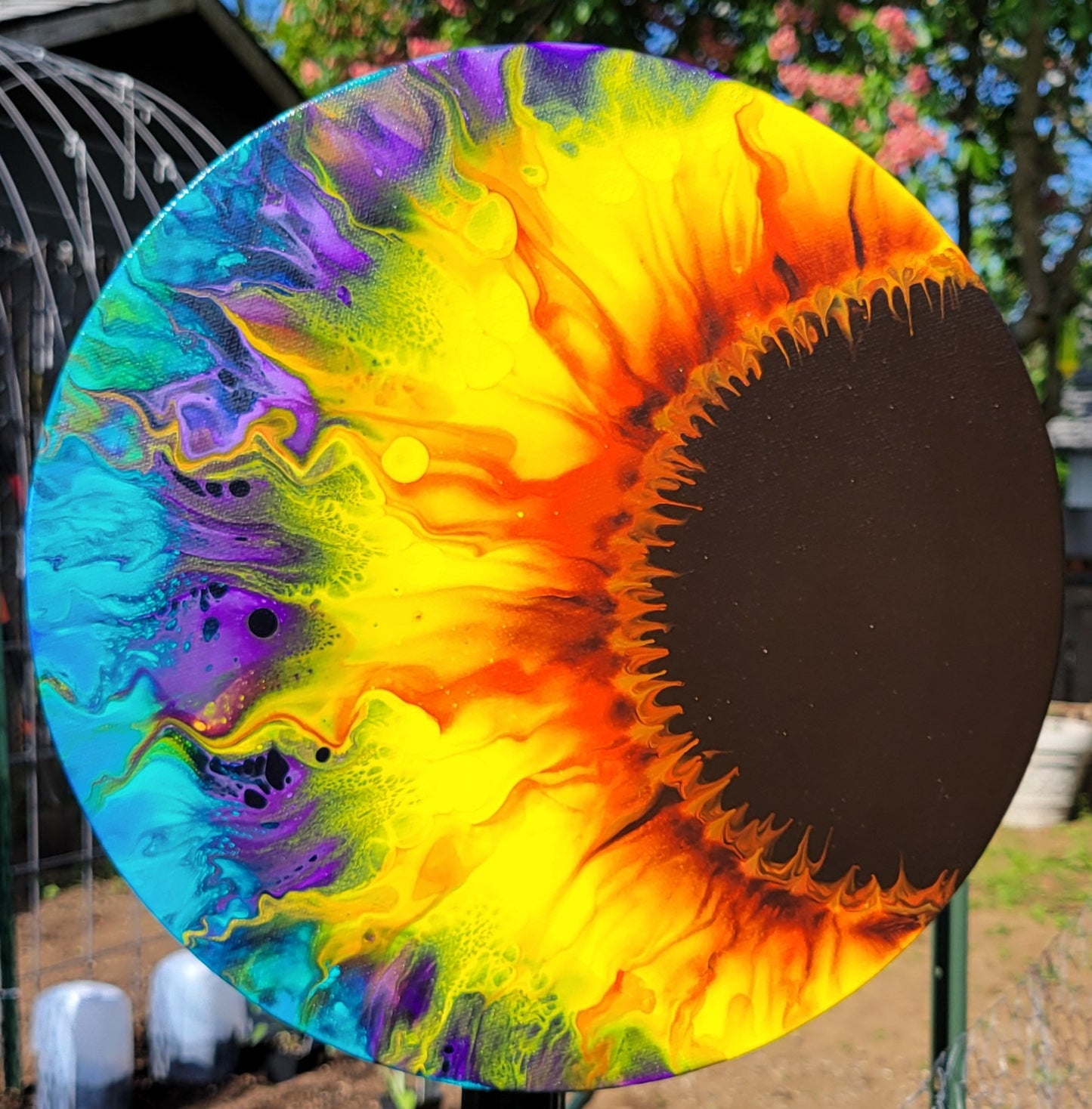 Original Fluid Art Sunflower on a 12 inch Round Canvas