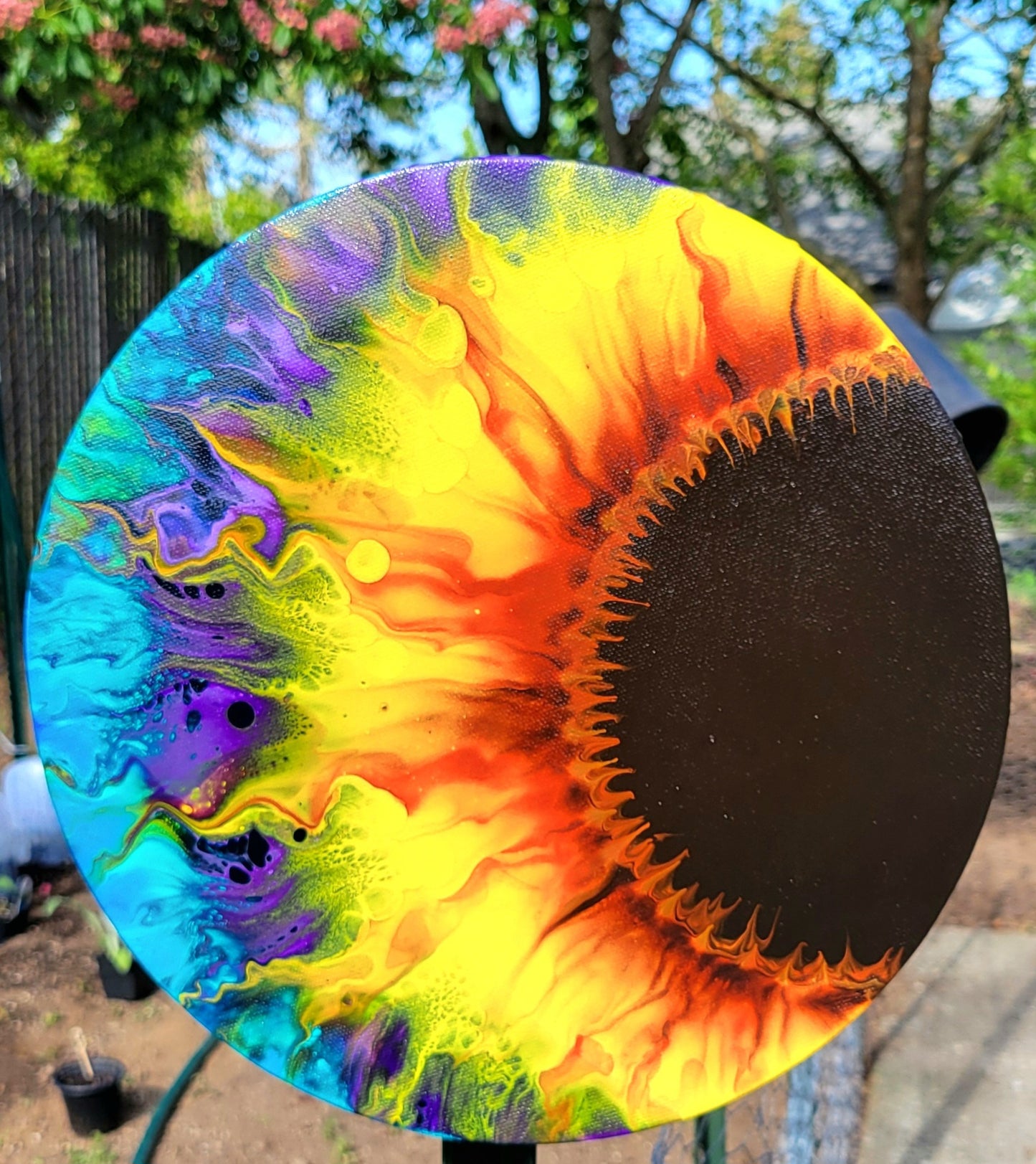 Original Fluid Art Sunflower on a 12 inch Round Canvas