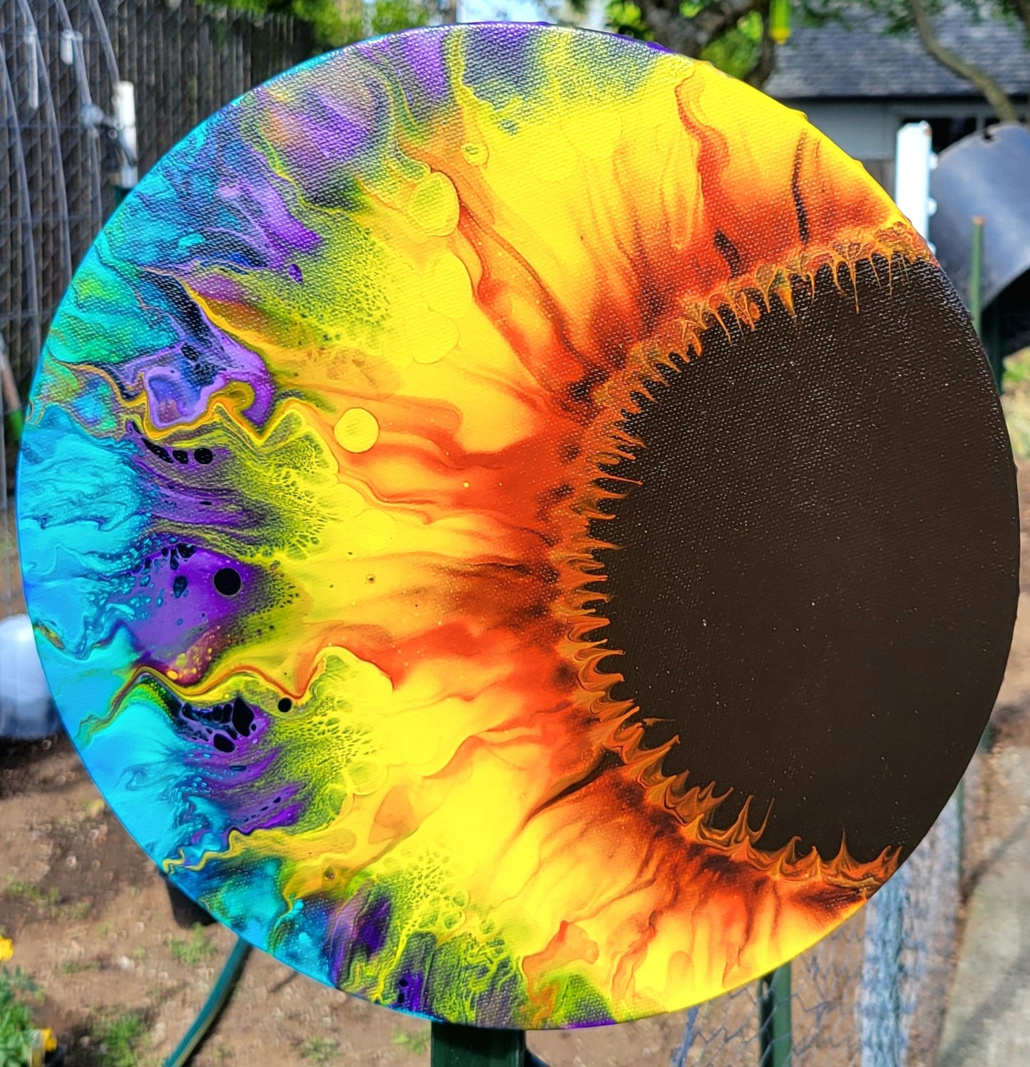 Original Fluid Art Sunflower on a 12 inch Round Canvas