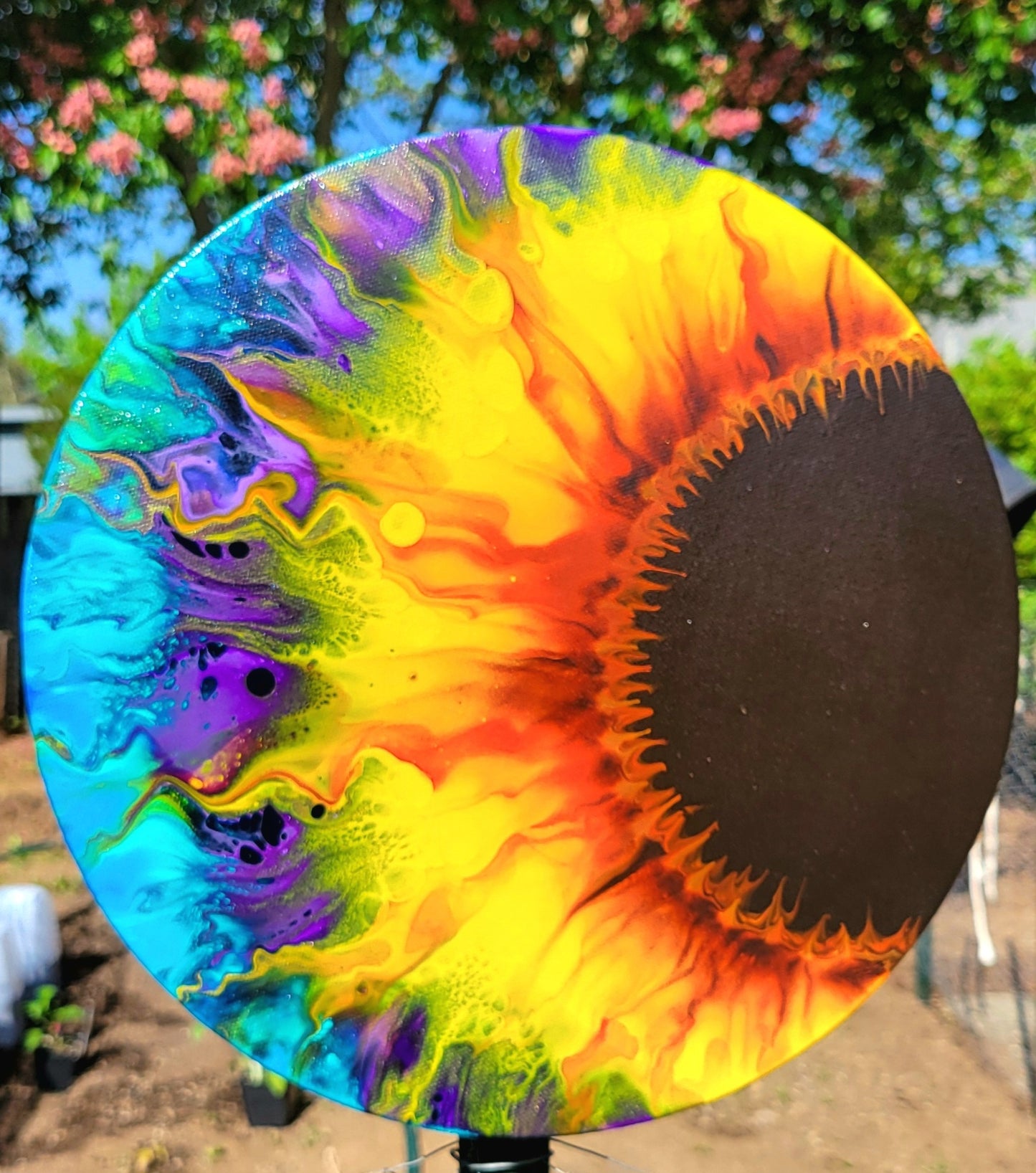 Original Fluid Art Sunflower on a 12 inch Round Canvas