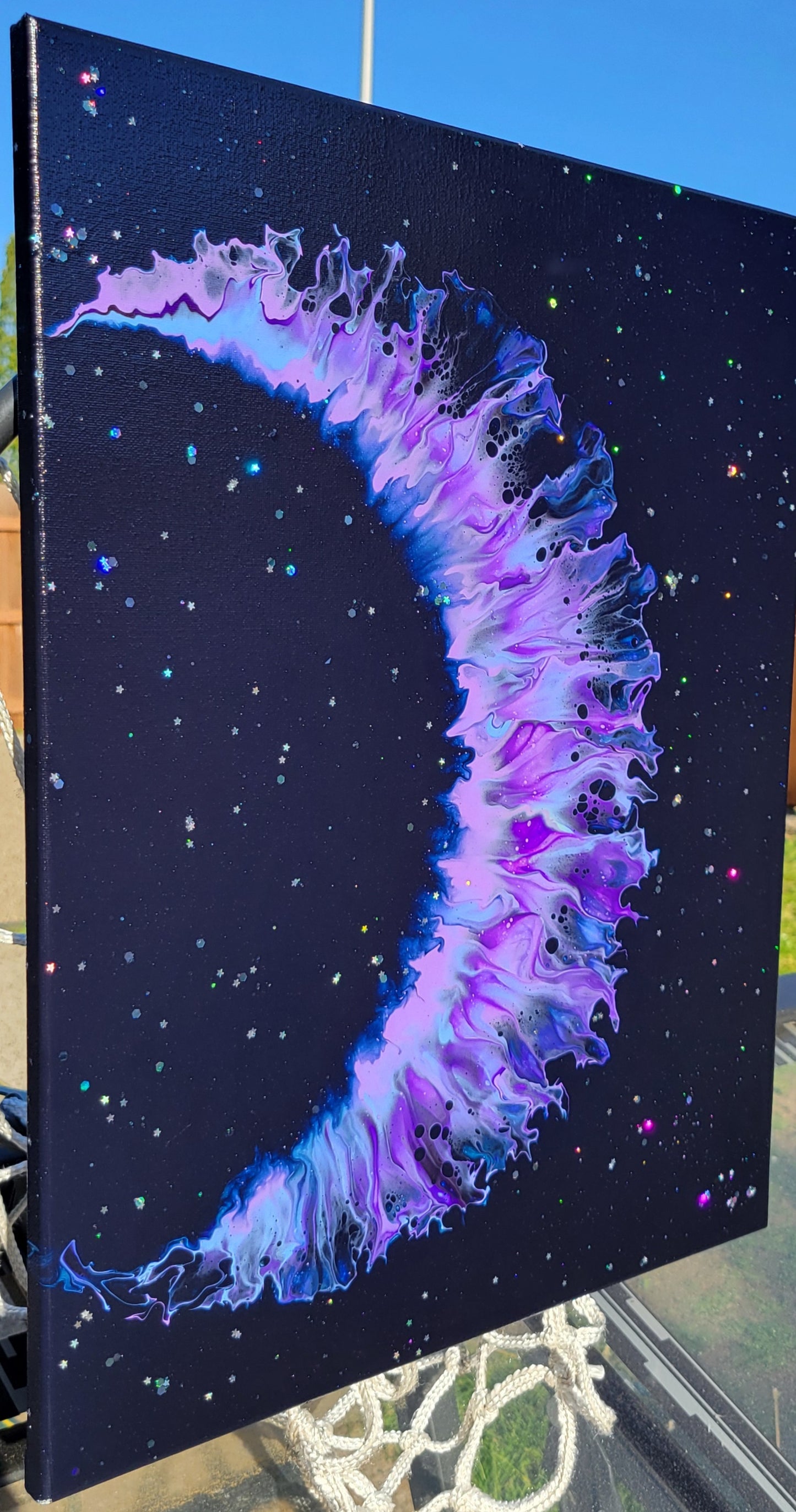 Original Fluid Art Crescent Moon Painting 16x20 Inch Canvas