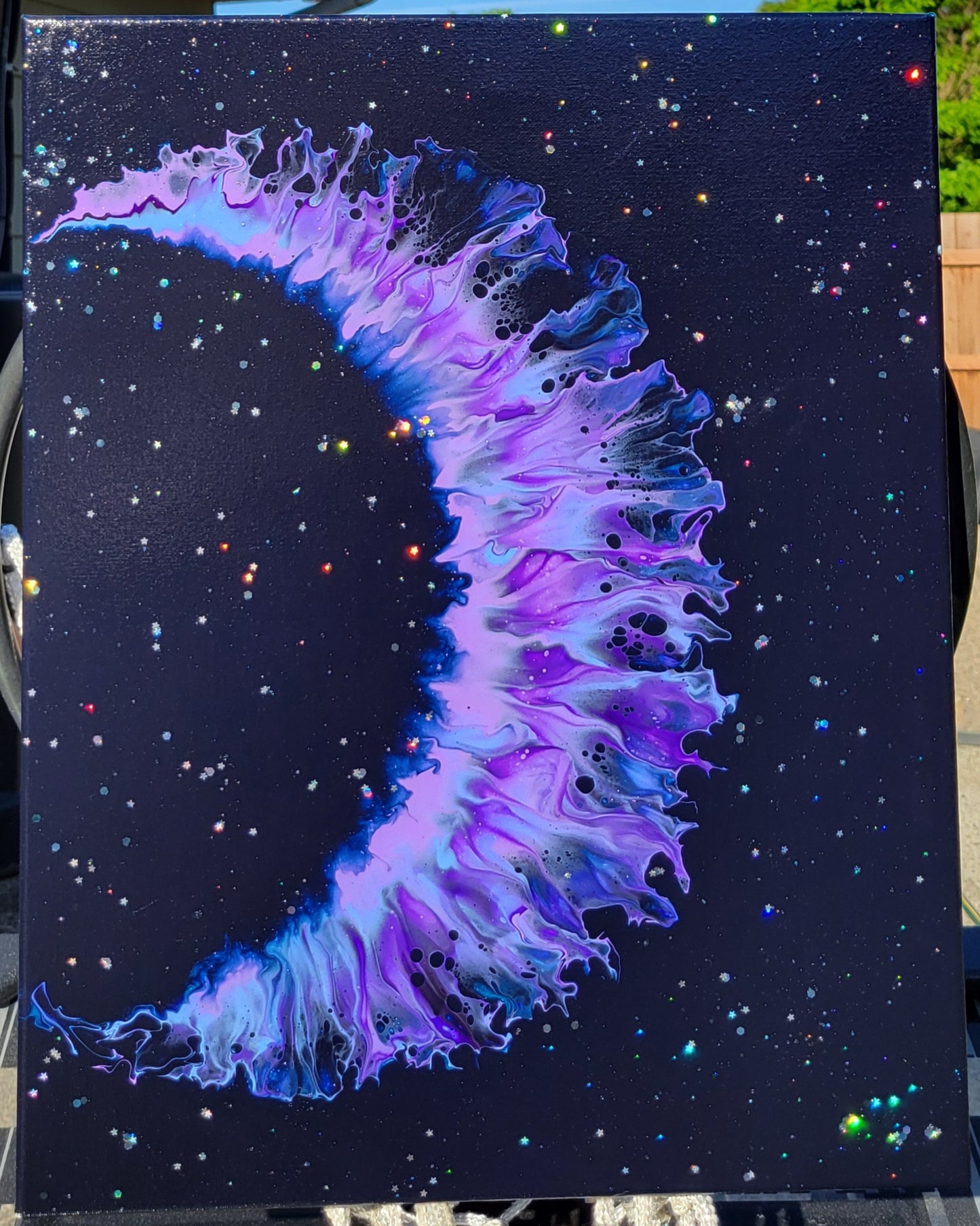 Original Fluid Art Crescent Moon Painting 16x20 Inch Canvas