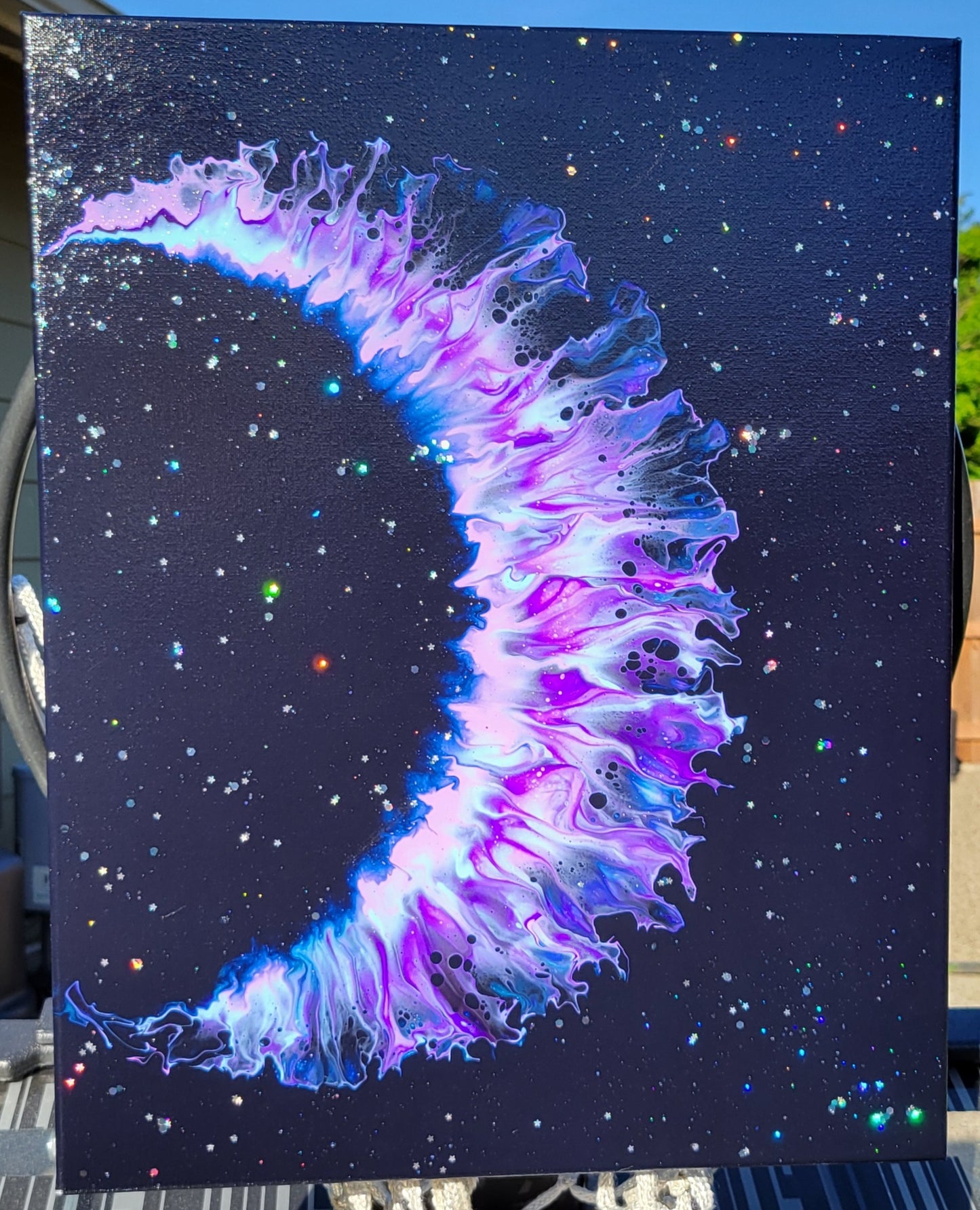 Original Fluid Art Crescent Moon Painting 16x20 Inch Canvas