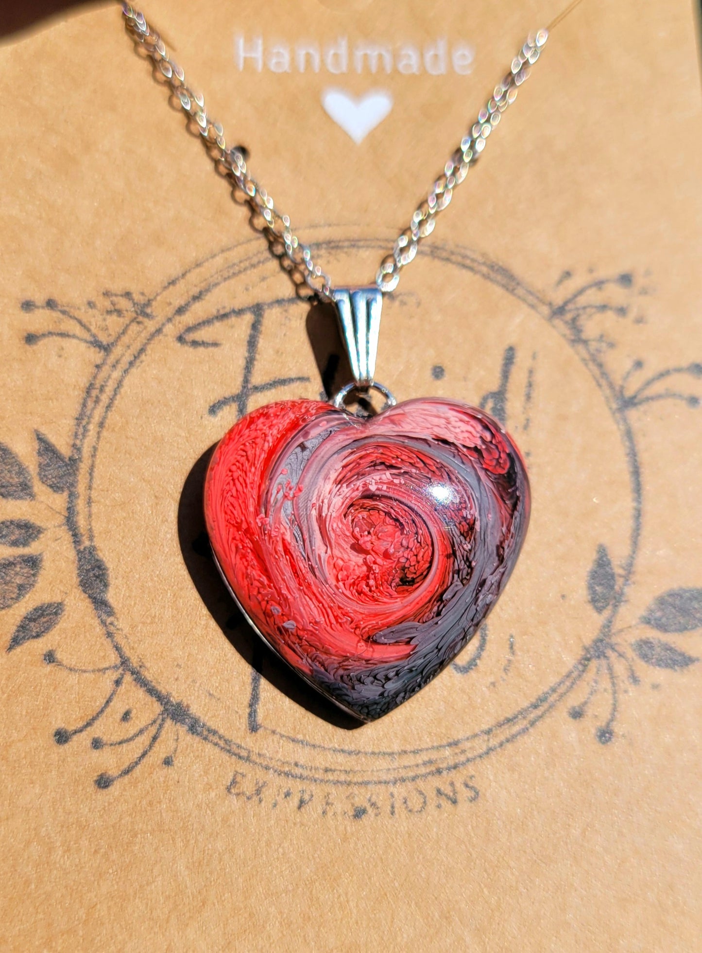 Handmade Resin Art Heart Pendant with 20 inch silver plated necklace chain