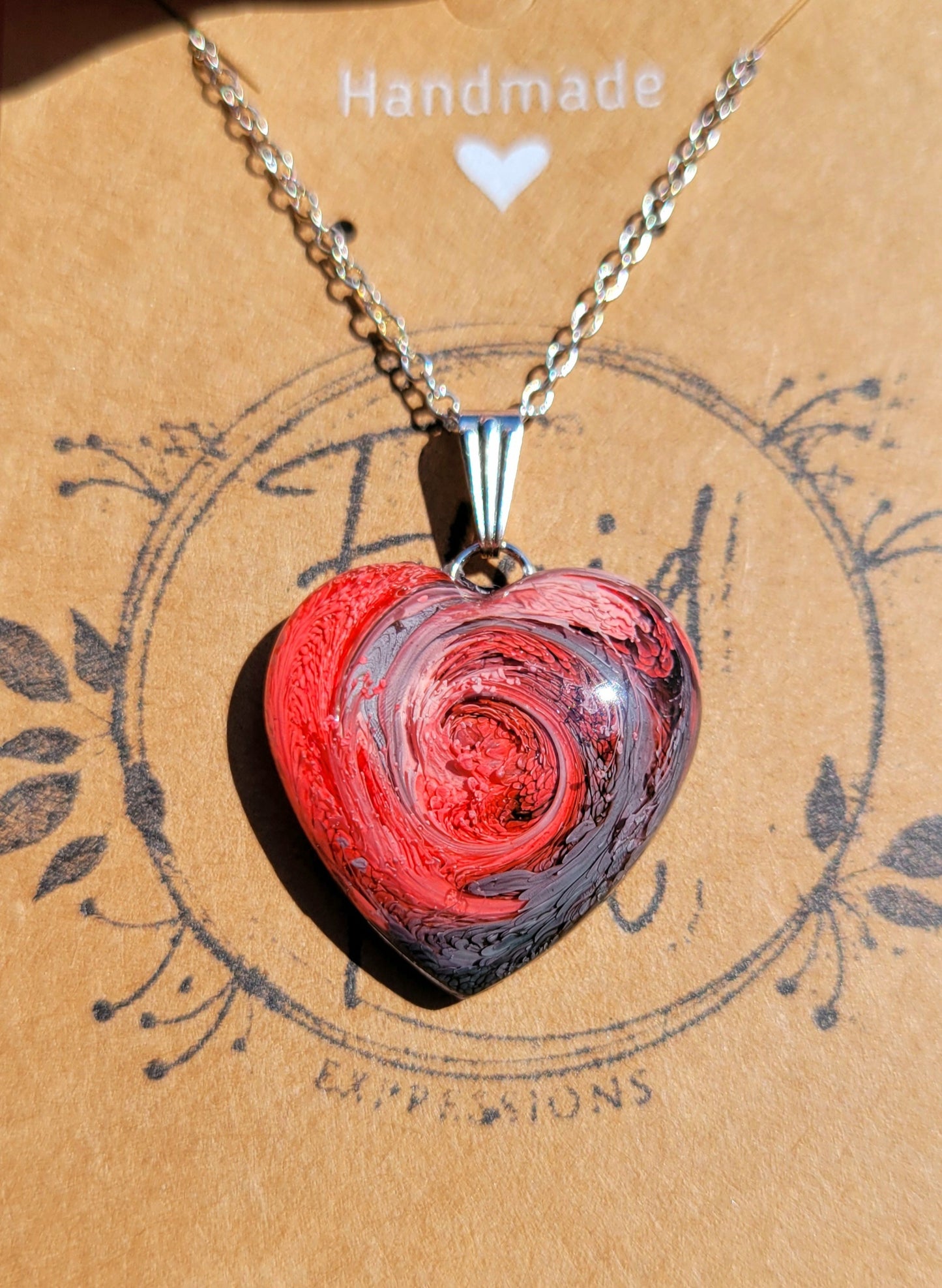 Handmade Resin Art Heart Pendant with 20 inch silver plated necklace chain