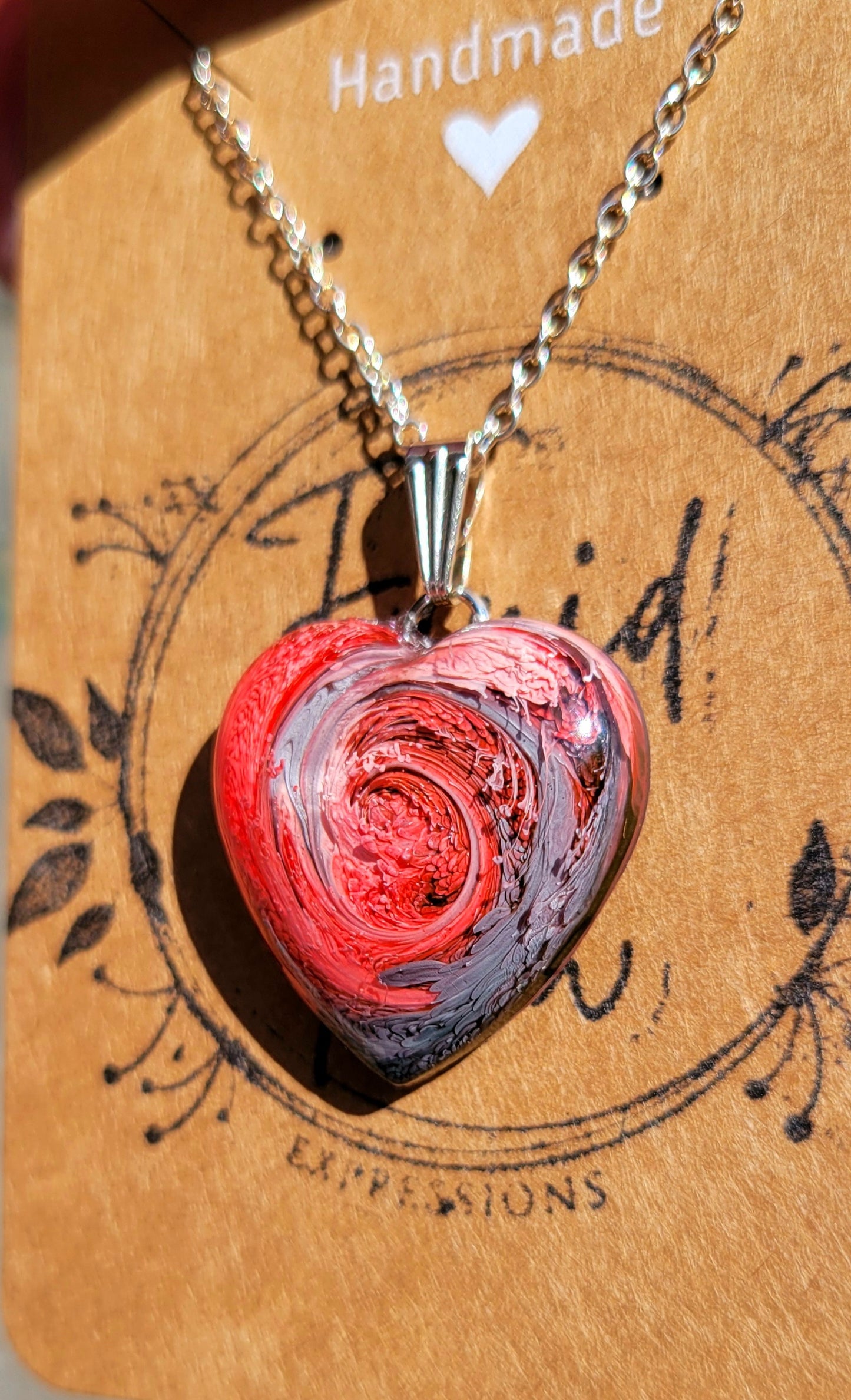 Handmade Resin Art Heart Pendant with 20 inch silver plated necklace chain