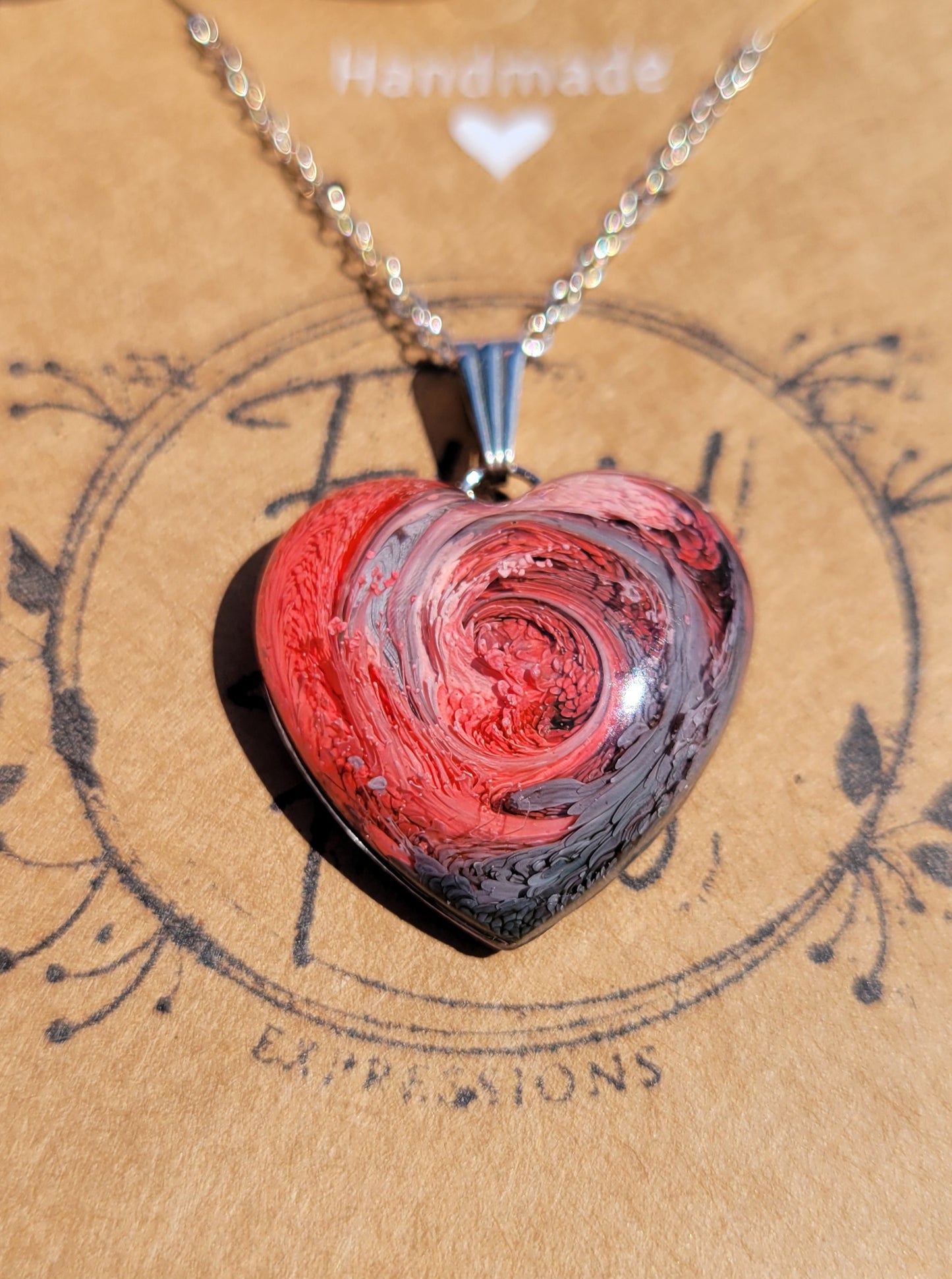 Handmade Resin Art Heart Pendant with 20 inch silver plated necklace chain