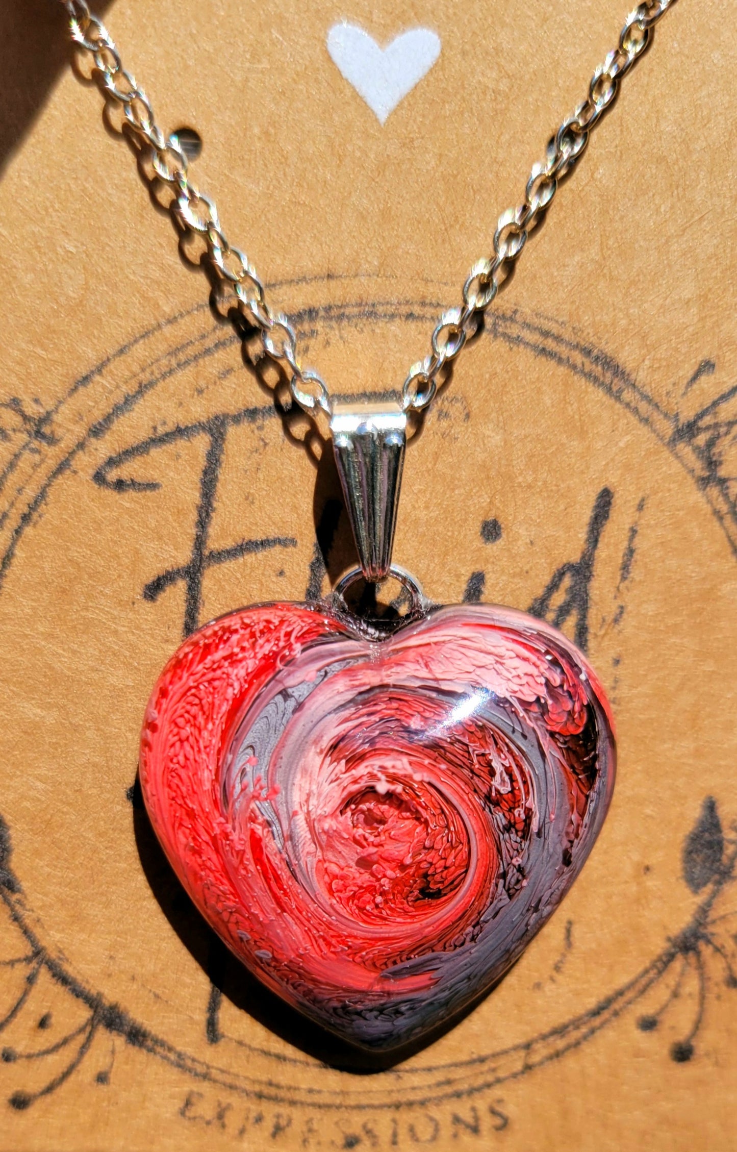 Handmade Resin Art Heart Pendant with 20 inch silver plated necklace chain