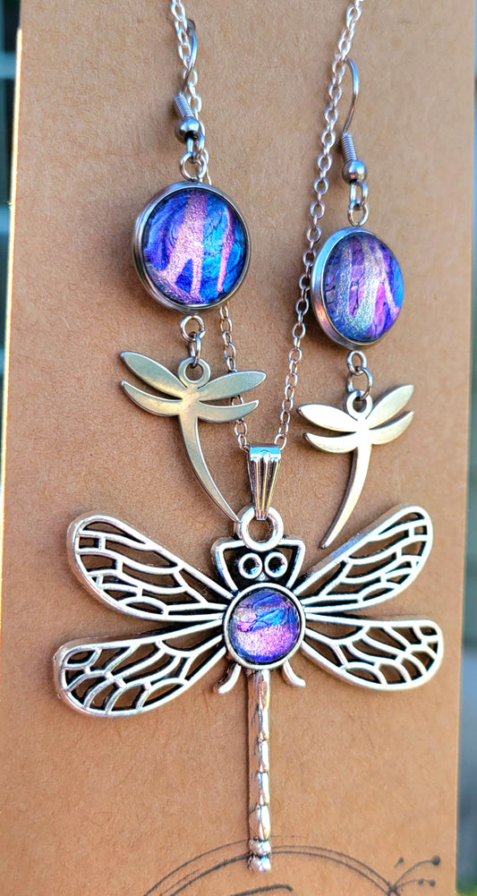 Handmade Colorshifting Dragonfly Necklace and Earrings Set
