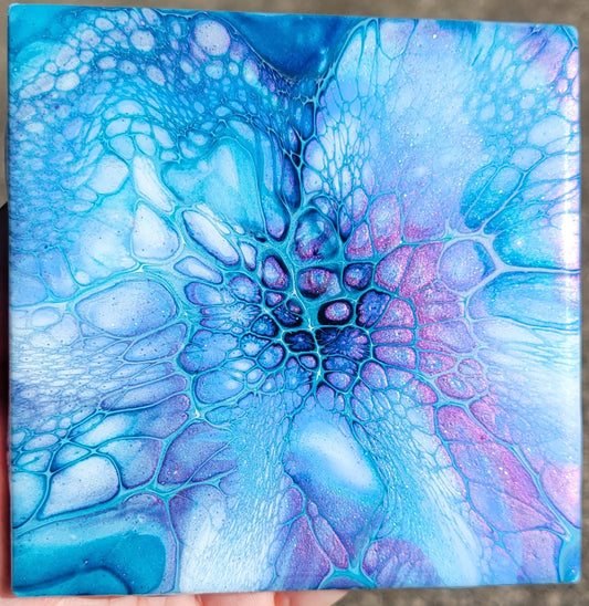 Fluid Art Bloom on a 4.25 inch Tile/Coaster with Cork Bottom