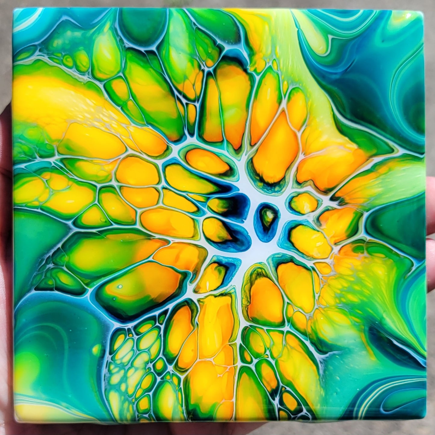 Fluid Art Bloom on a 4.25 inch Tile/Coaster with Cork Bottom