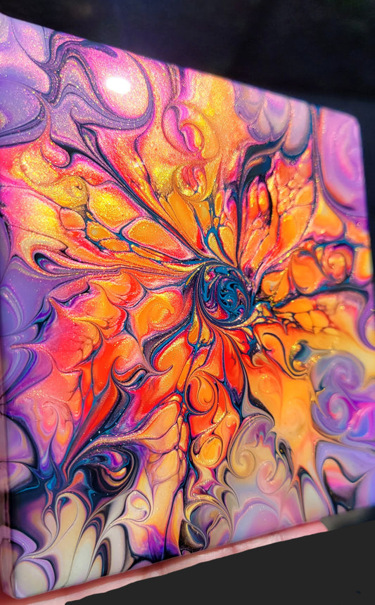 Fluid Art Bloom on a 4.25 inch Tile/Coaster with Cork Bottom