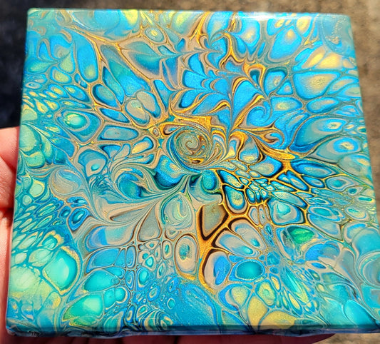 Fluid Art Bloom on a 4.25 inch Tile/Coaster with Cork Bottom