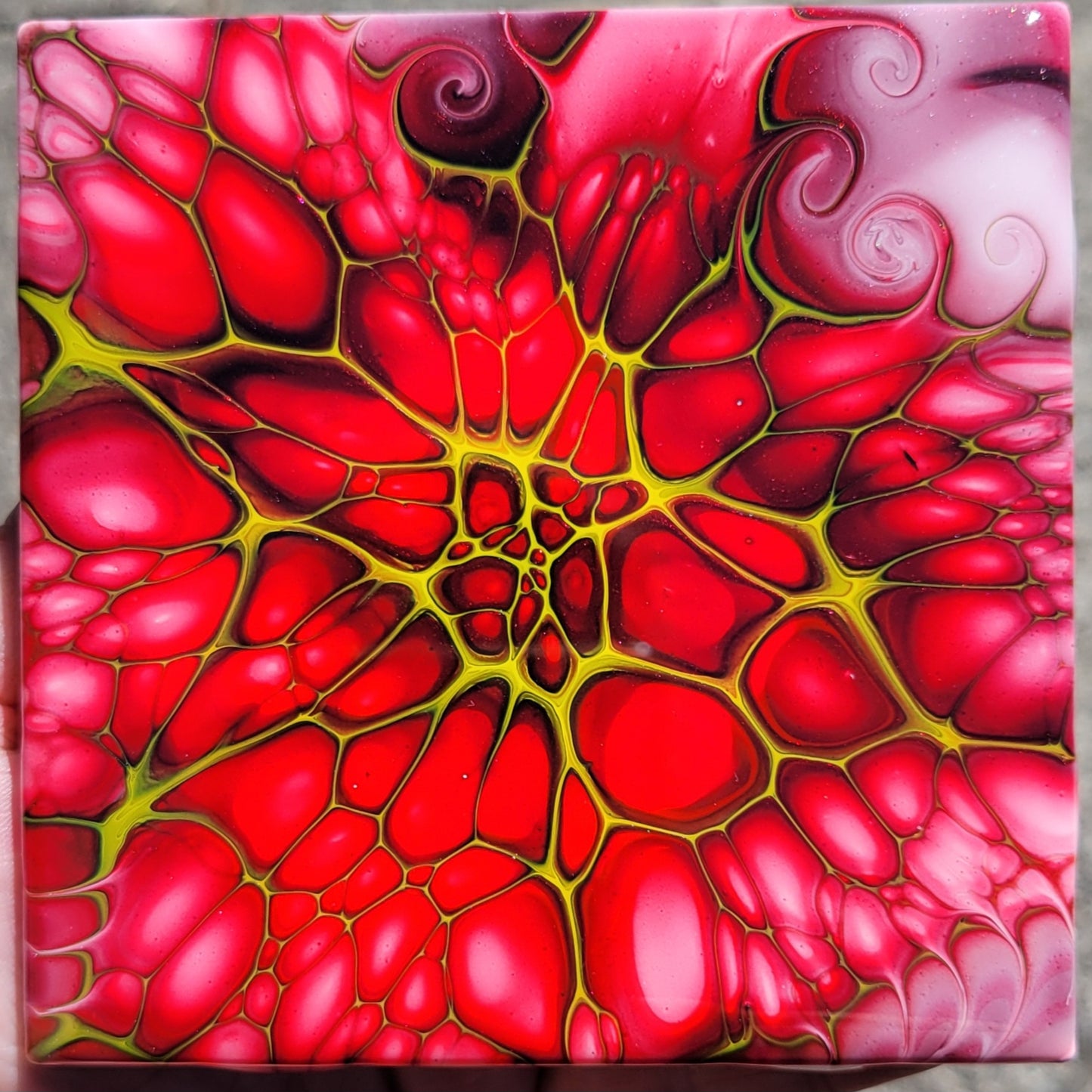 Fluid Art Bloom on a 4.25 inch Tile/Coaster with Cork Bottom