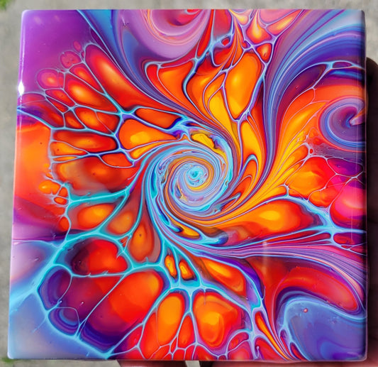 Fluid Art Bloom on a 4.25 inch Tile/Coaster with Cork Bottom