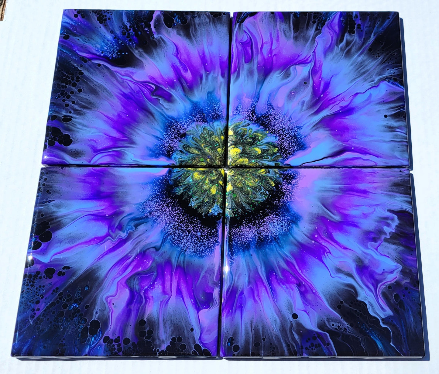 Fluid Art on 6 Inch Tile Set of 4 with Cork Bottoms.